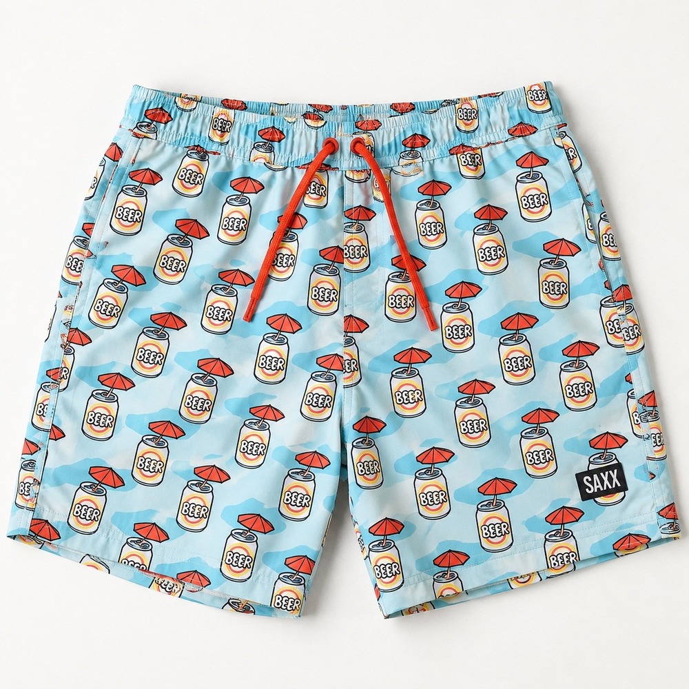 SAXX Go Coastal 2N1 Volley Swim Shorts Mens M 5" Beer Can Umbrella Print Lined
